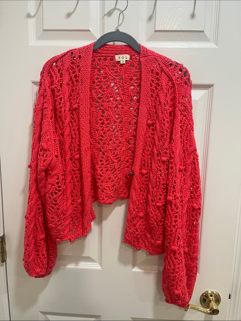 POL Coral-Red Openwork Crochet Cardigan